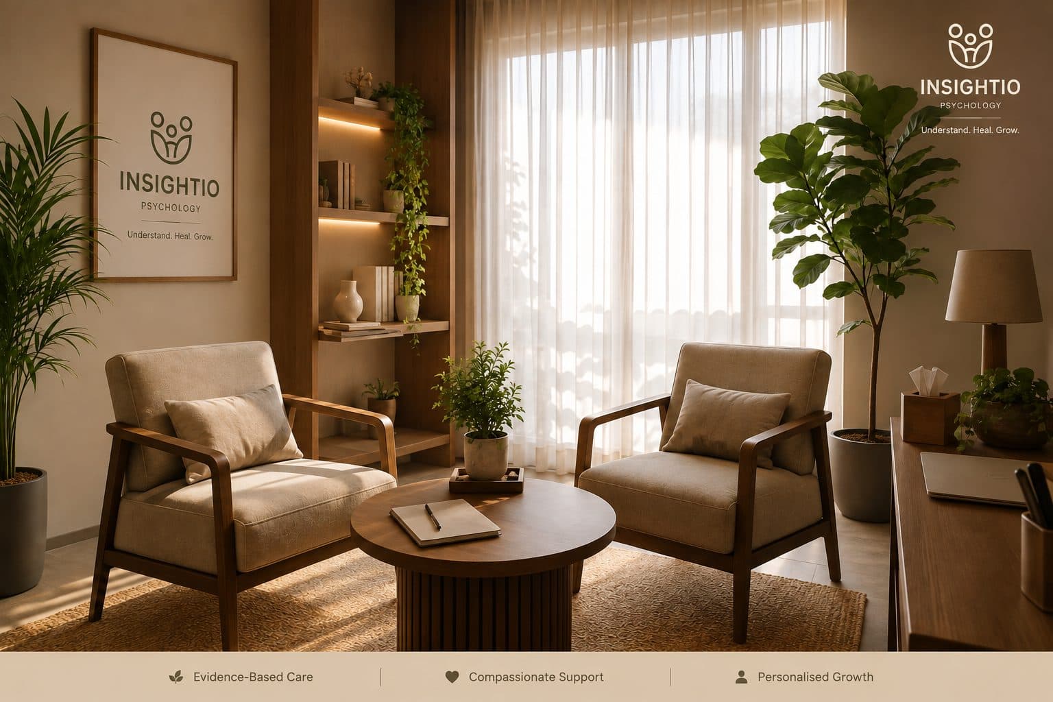 The Insightio consulting room — warm wood, soft light, comfortable seating