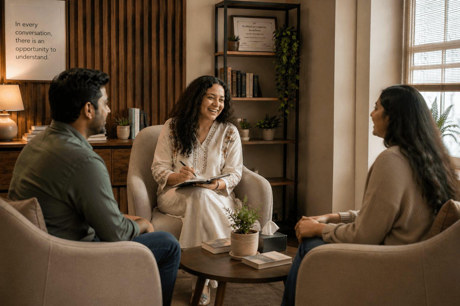 Two chairs and a sofa arranged for a couples or family session