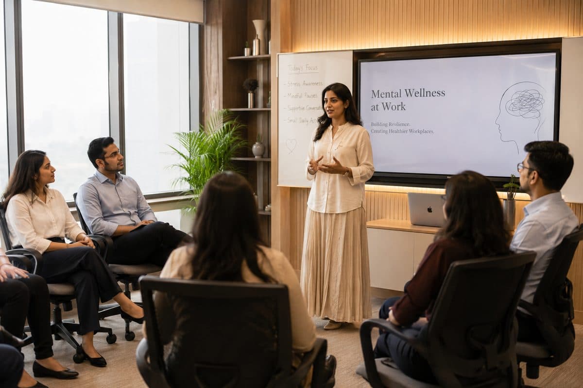 A workplace meeting room set up for a wellbeing session